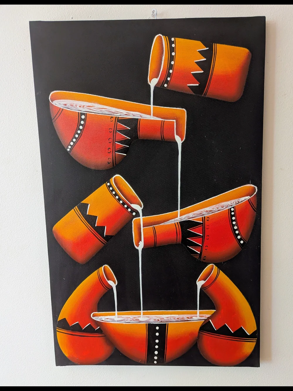 Set of 2 Hand Painted African Oil On Canvas Paintings Tribal Gourd Wall Art